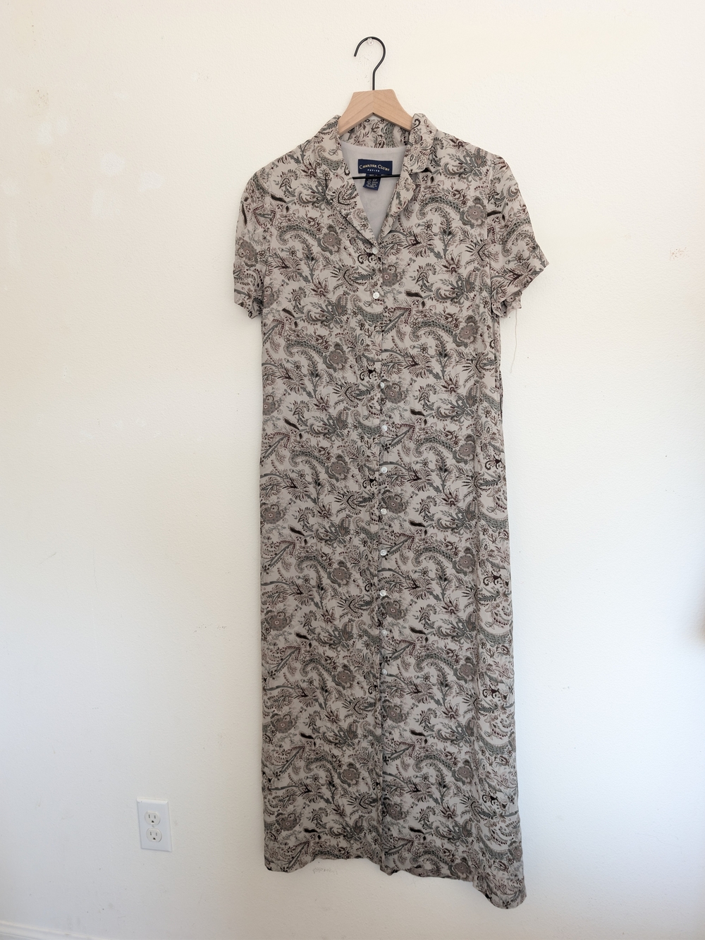 Charter Club Vintage 90s Taupe Paisley Button-Front Maxi Dress